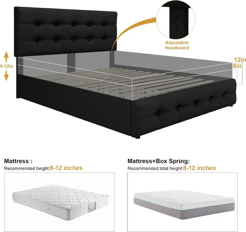 Vista 5 de TTVIEW Base de cama de tamaño completo con 4 cajones de almacenamiento y cabecera ajustable, cama plataforma tapizada con diseño de botones