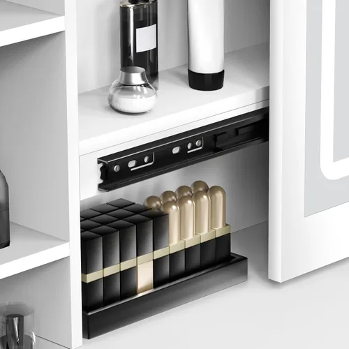 Vista 8 de Escritorio de tocador de maquillaje con espejo y luces, mesa de tocador con 4 cajones, 7 estantes y espacio extra oculto, tocador compacto