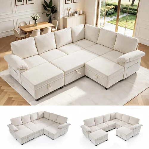 Vista 10 de Sofá cama modular modular con cama extraíble, sofá modular de 5 asientos en forma de L con almacenamiento, sofá nube, sofás seccionales convertibles