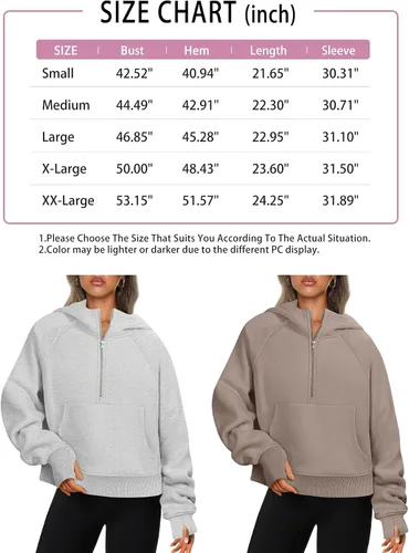 Vista 6 de ATHMILE Sudaderas cortas con capucha para mujer, media cremallera, forro polar, ropa de invierno, con cremallera de un cuarto