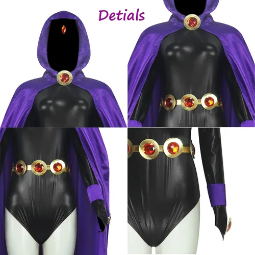 Vista 5 de Disfraz de Raven Rachel Cosplay Enterizo para mujer, capa morada con gemas en la cintura, cinturón y cadena, accesorios (talla EE.UU.)