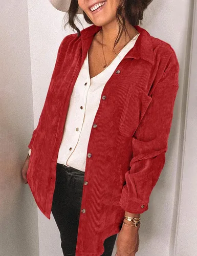 Vista 3 de Saslax Camisa de pana para mujer, de manga larga, con botones, cuello en V, holgada, chaqueta
