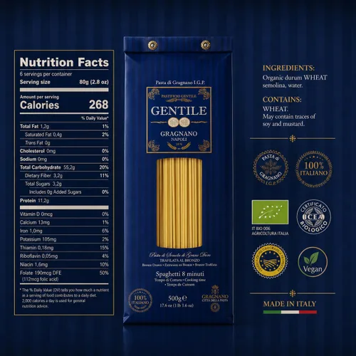 Vista 2 de Gentile Organic Long Pasta di Gragnano IGP - Pasta italiana de corte bronce - Auténtica pasta artesanal de Gragnano, Italia (Spaguetti 8 minutos)