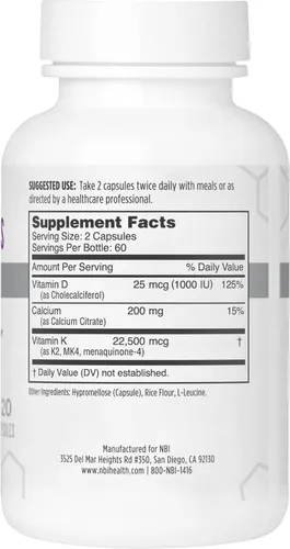 Vista 2 de NBI Osteo-K Bone Support - Mini Complejo de vitamina D y K con suplemento de citrato de calcio 45 mg de vitamina K2 (MK4) para una salud