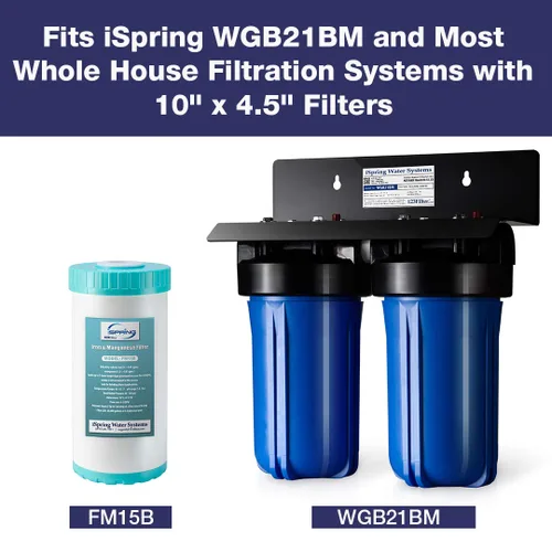 Vista 7 de iSpring WGB21BM Sistema de filtración de agua de 2 etapas para toda la casa, filtros reductores de manganeso de 10 x 4.5 pulgadas, puertos de 1