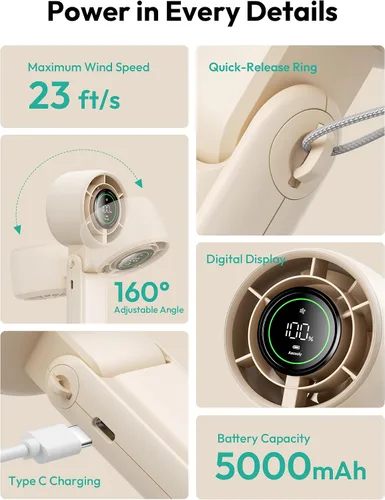 Vista 6 de Aecooly Ventilador turbo portátil de mano, batería de 5000 mAh [tiempo de enfriamiento máximo de 22 horas] Mini ventilador recargable USB