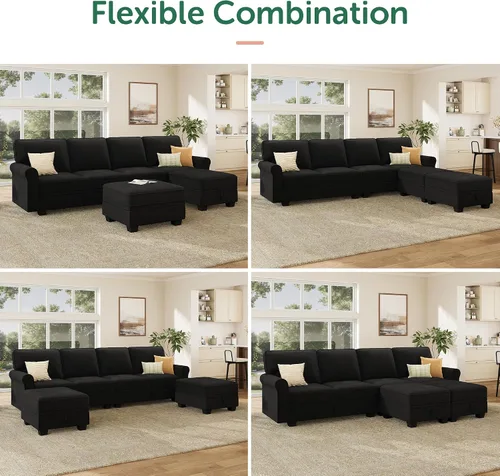 Vista 4 de HONBAY Sofá modular convertible con almacenamiento en forma de U con diván reversible para sala de estar, negro medio negro (Mid Black)