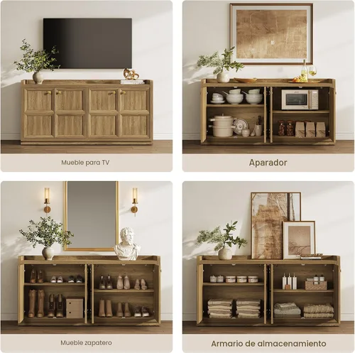 Vista 5 de SICOTAS - Armario buffet de 61.7 pulgadas, aparador de 4 puertas, cocina, sala de estar, roble marrón Geometric Doors & Elegant Gold Handle