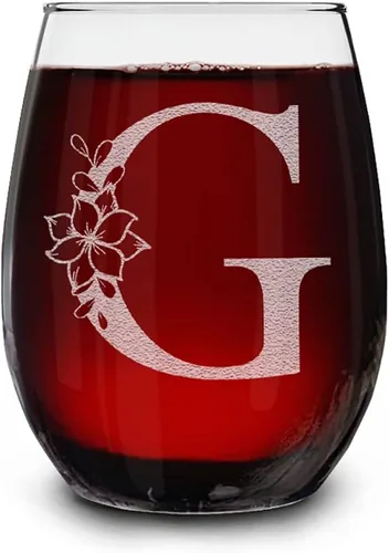 Vista 11 de Copa de vino sin tallo, con monograma floral, grabada con láser, 15 onzas, regalo inicial personalizado para ella (B)