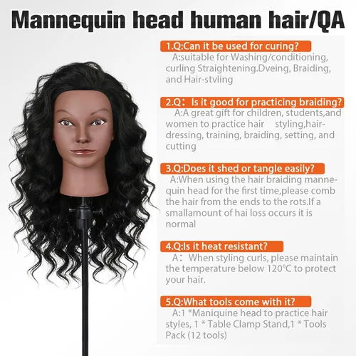 Vista 9 de Mannequin Head with 100% Human Hair,TopDirect 16"Real Hair Cosmetology Mannequin Manikin Head Hair Styling Hairdressing Practice Training Doll Head