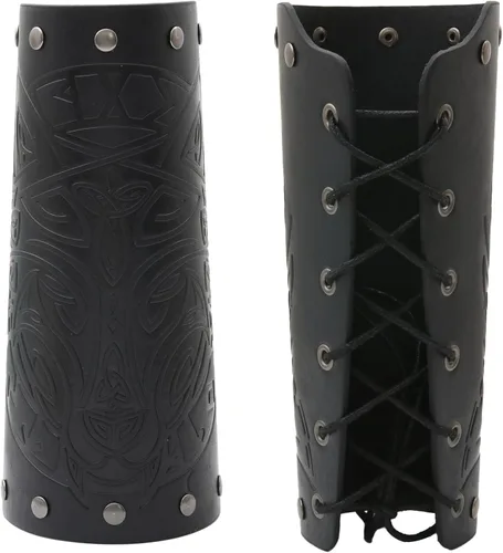 Vista 23 de AZORA Pulsera de cuero con guantelete medieval, con hebilla, brazalete ancho, armadura, 2 unidades Martillo Bracers-negro