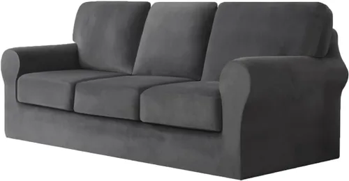 Vista 9 de vctops Funda elástica de terciopelo para sofá de 3 plazas, 7 piezas, suave, lavable, con respaldo individual y fundas de cojín para niños, gatos