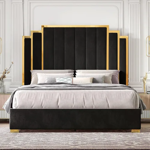 Vista 8 de HOWE Base de cama tapizada tamaño Queen de 61 pulgadas con borde chapado en Negro