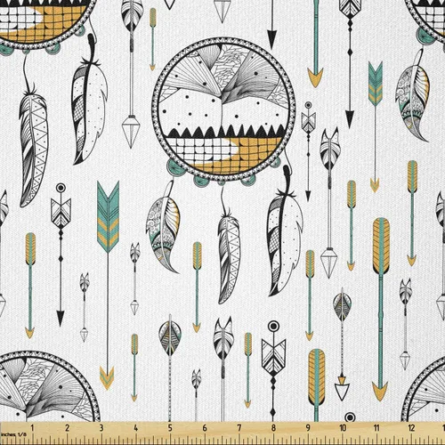 Vista 101 de Lunarable - Tela de café por yarda, tazas de café para llevar y dulces, diseño de cupcakes de cereza y croissant, cultura del desayuno americano