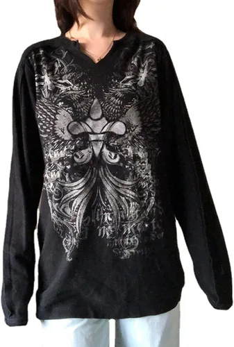 Vista 2 de Camisa de hada para mujer, de manga larga, con estampado vintage, cuello redondo, estética, ajustada, ropa de grunge