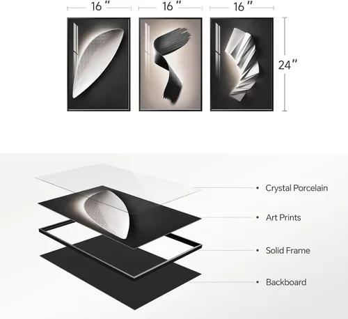 Vista 8 de Juego de arte moderno enmarcado de 3 piezas, arte abstracto de líneas geométricas en blanco y negro, pinturas artísticas de lujo contemporáneas
