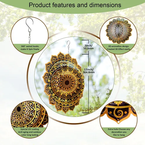 Vista 2 de Aoedelyart Molinillo de viento con mandala, oro intenso, de acero inoxidable de 12 pulgadas, para exteriores, regalo de jardín para mujeres, mamá