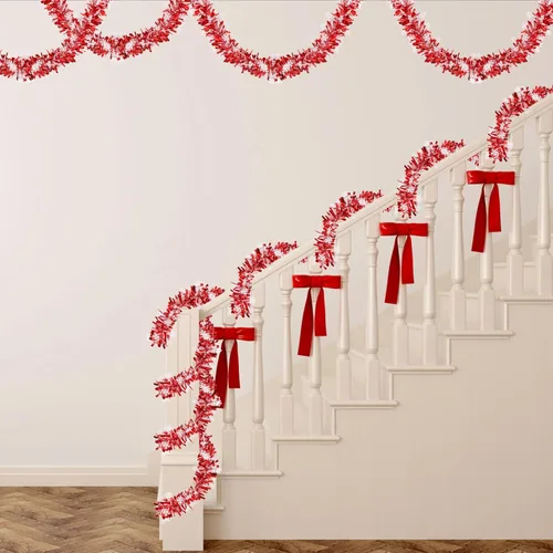Vista 8 de CCINEE Guirnalda de oropel de Navidad de copo de nieve rojo de 32.8 pies, guirnalda metálica de oropel giratorio, decoración de árbol para fiesta