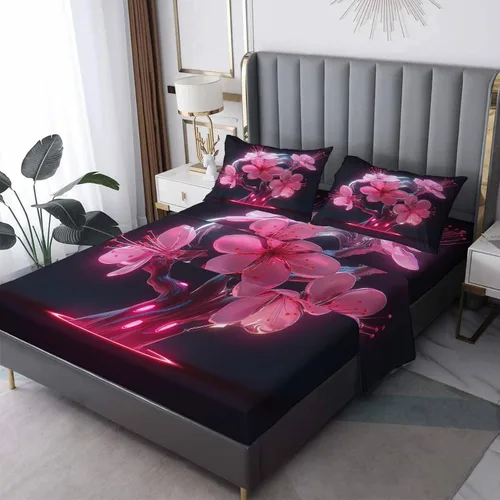 Vista 10 de Z9-&-189 - Juego de sábanas de 3 piezas con estampado de flor de cerezo en flor de cerezo, sábana bajera ajustable de microfibra suave con bolsillo
