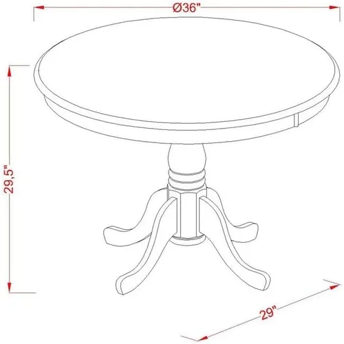 Vista 7 de East West Furniture ANDO3-BCH-W Juego de mesa de comedor de 3 piezas contiene una mesa redonda de madera con pedestal y 2 sillas de comedor