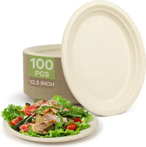 Vista 11 de Platos de papel ovalados compostables, 12.5 pulgadas, paquete de 25 platos desechables de bagazo resistentes, ecológicos, biodegradables