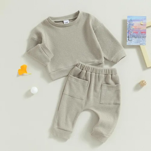 Vista 2 de Conjunto de 2 piezas de sudadera de manga larga de punto gofre para bebé recién nacido, para otoño e invierno