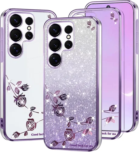 Vista 8 de Kainevy - Funda para Samsung Galaxy S23 Ultra, funda transparente con purpurina rosa floral para mujeres y niñas, bonita funda para Samsung S23