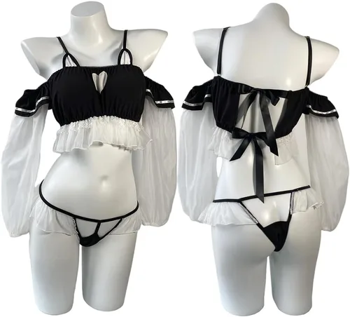 Vista 2 de Disfraz sexy de sirvienta para mujer, anime, cosplay, lindo gato, babydoll con pecho abierto, pijama japonesa Lolita