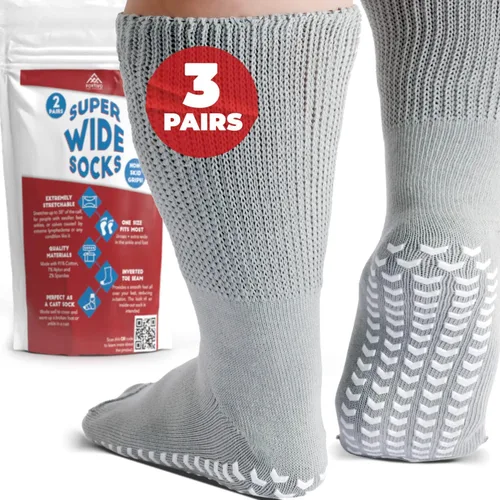 Vista 7 de 3 pares de calcetines extra anchos para pies hinchados, calcetines antideslizantes para diabéticos para hombres, uso hospitalario