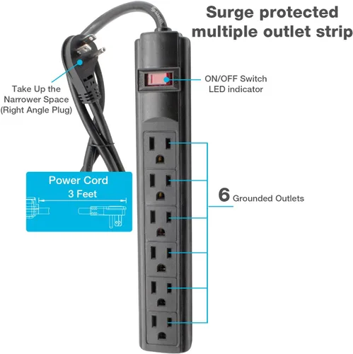 Vista 8 de STEREN Tira protectora de sobretensiones de plástico, 6 salidas, cable de 3 pies, enchufe de ángulo recto, 240 julios, negro [905-132]