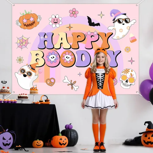 Vista 4 de Groovy - Decoración de fiesta de cumpleaños de Halloween, 7 x 5 pies, pancarta de fondo de feliz día de abucheo para niña, decoración bohemia arco