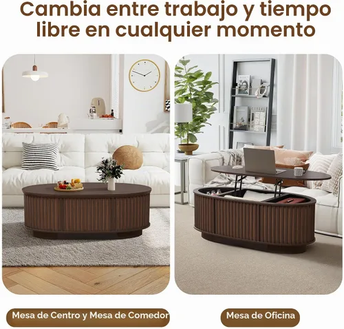 Vista 4 de Mesa auxiliar ovalada de 43.3 pulgadas con almacenamiento, mesa de centro acanalada con parte superior elevable, mesa central moderna de mediados