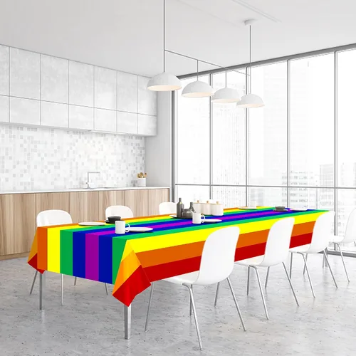 Vista 6 de Paquete de 3 manteles desechables de arco iris, rectangular, 108 x 54 pulgadas, decoración de mantel de plástico impermeable con diseño de arcoíris