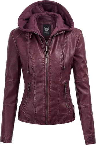 Vista 48 de Lock and Love Chaqueta Abrigo de Moto Motociclista de Piel Sintética para Mujer con Capucha Extraíble o No Extraíble Wjc1044_negro