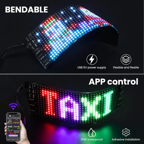 Vista 3 de Señales de luz LED para automóvil, calcomanías LED para parabrisas de taxi, panel de matriz LED digital flexible, control de aplicación Bluetooth