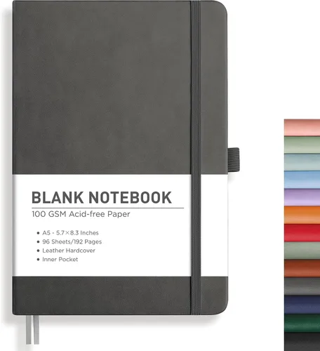 Vista 16 de RETTACY Cuaderno de diario con puntos y viñetas, 192 páginas, tamaño mediano A5 (5.7" x 8.3"), tapa dura de cuero, papel grueso de 100 gsm
