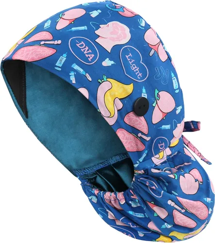 Vista 22 de Gorra médica con forro de satén con bolsillo para cola de caballo, gorro de enfermera médica de algodón con banda elástica para el sudor