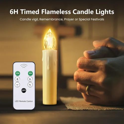 Vista 4 de JOSU Velas sin llama, 12 luces LED parpadeantes, funciona con pilas, con temporizador y clips remotos, velas cónicas de ventana blanca cálida