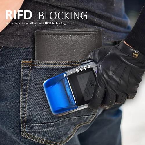 Vista 65 de Cartera de cuero RFID hecha a mano para hombres, elegante cartera de bolsillo frontal triple con 2 ranuras para identificación y 9 tarjetas, Azul