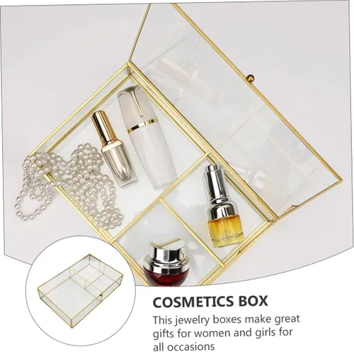 Vista 6 de Beavorty Caja de almacenamiento de joyas, elegante recipiente de vidrio transparente con cubierta para collares, aretes, lápices labiales, vitrina