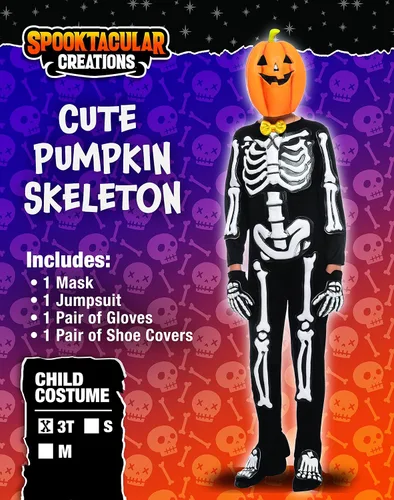 Vista 6 de Spooktacular Creations Disfraz de esqueleto aterrador de cabeza de calabaza para niños disfraz de esqueleto y máscara de calabaza para niños