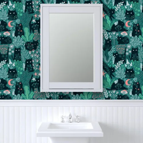 Vista 9 de Spoonflower Papel tapiz para despegar y pegar, diseño de gatos del bosque verde, hada, elfos, gatito, verano, primavera, gatito, bebé, niño, papel
