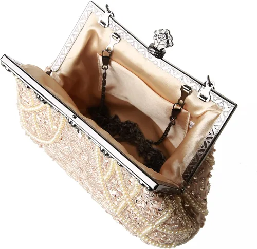 Vista 4 de DA BODAN Bolso de noche para mujer estilo vintage con cuentas y lentejuelas y perlas bolso de hombro para boda novia fiesta de graduación