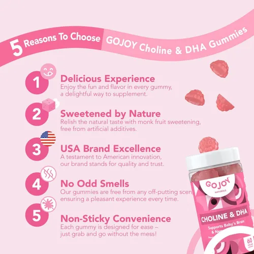 Vista 2 de GOJOY NATURALS Gomitas de colina prenatal y DHA - Suplemento vitamínico en gomitas desde la preconcepción hasta el posnatal para mujeres embarazadas