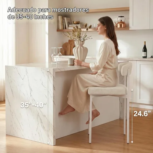 Vista 3 de GrandNoor Juego de 2 Taburetes de Bar Modernos Beige de 24 Pulgadas, Taburetes de Mostrador con Respaldo Curvo, Taburetes de Bar de Altura