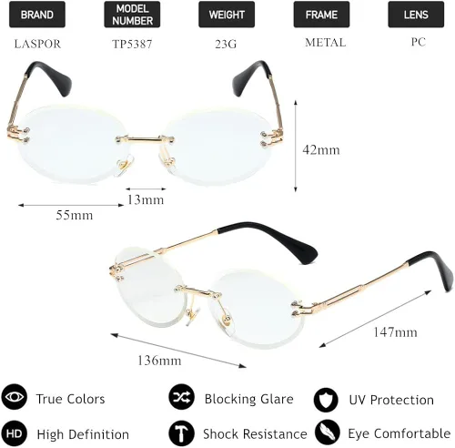 Vista 4 de LASPOR Gafas de sol ovaladas retro para mujeres y hombres a la moda vintage de metal dorado sin marco lentes tintados protección UV400