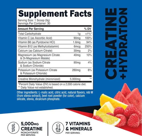 Vista 2 de Nutricost Monohidrato de creatina + hidratación sabor a ponche de frutas (30 porciones) – 7 vitaminas y minerales, 5000 mg de creatina por porción