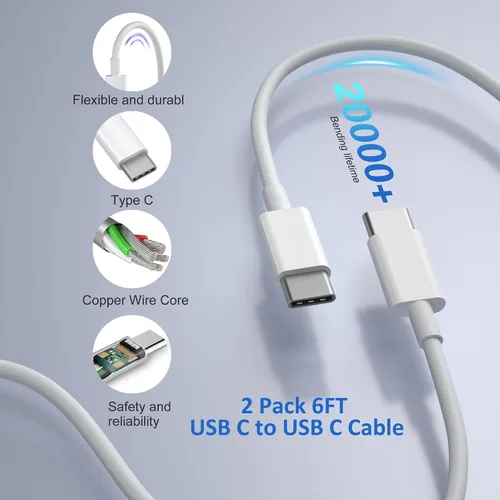 Vista 7 de Bloque de cargador USB C de 40 W, paquete de 2 cargadores de pared USB C de 4 puertos, cubo de carga rápida de teléfono tipo C con cable USBC a USBC