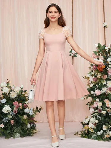 Vista 6 de WDIRARA Vestido de malla con apliques de malla con cuello cuadrado y dobladillo con volantes para niña