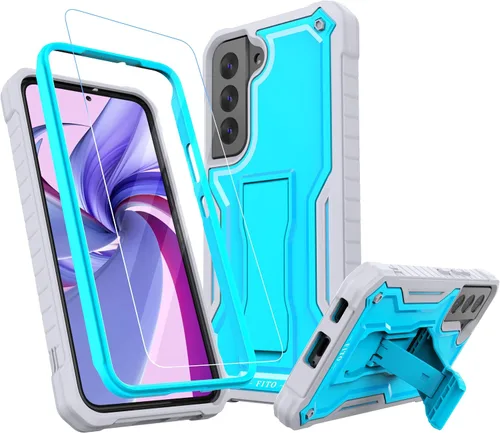 Vista 9 de FITO Funda para Samsung Galaxy S22, doble capa a prueba de golpes resistente para teléfono Samsung S22 5G con protector de pantalla, soporte Negro